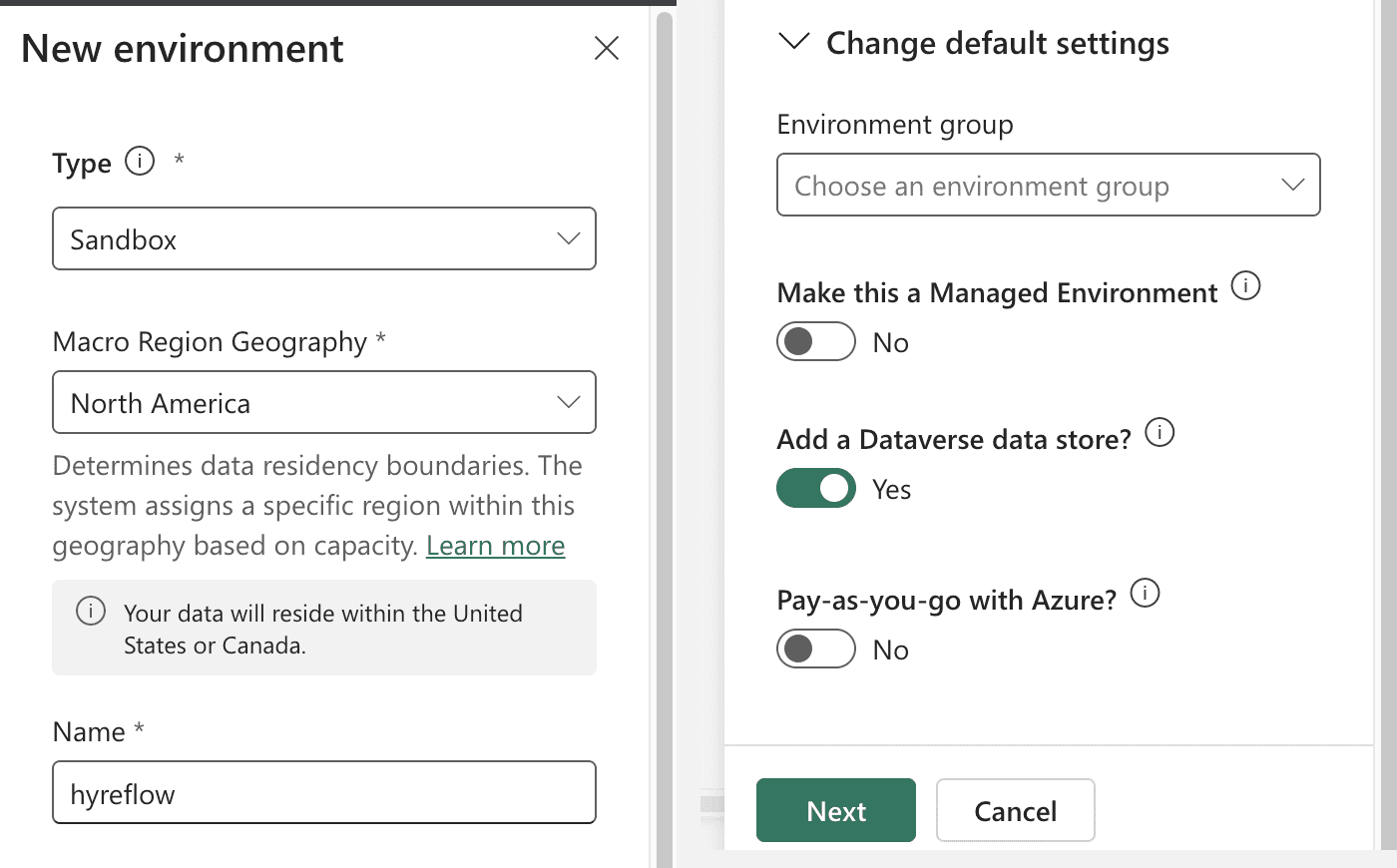 The New environment panel in the Power Platform admin center: Type Sandbox, a region and the name hyreflow, then further down Add a Dataverse data store switched to Yes, and Next