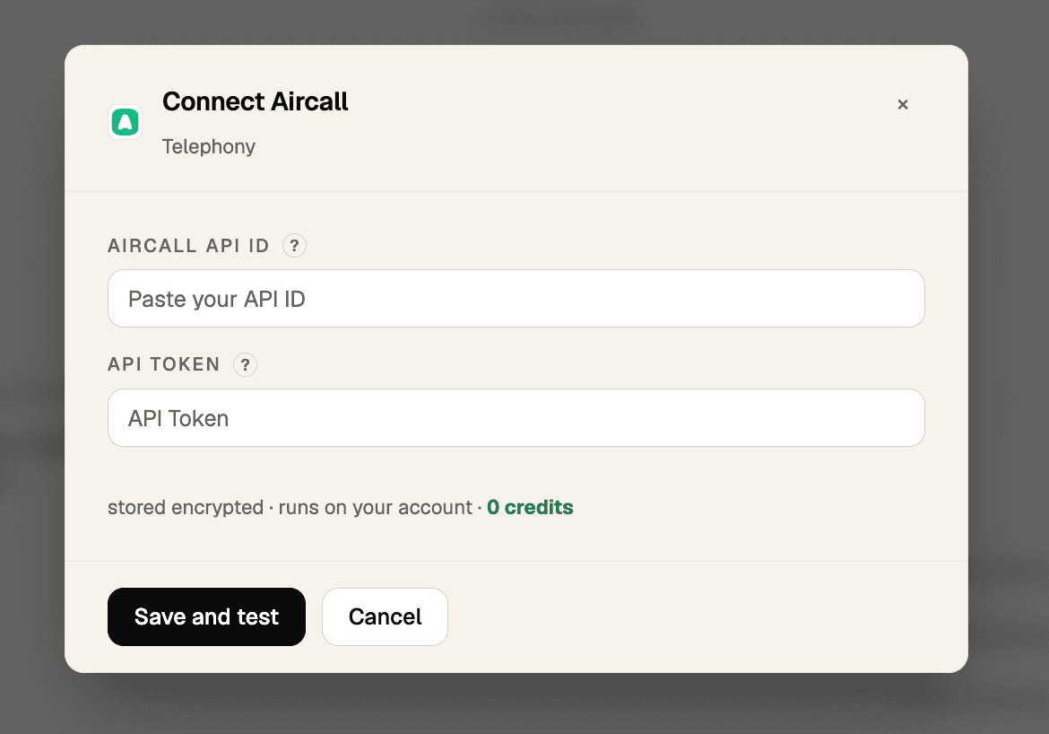 The Connect Aircall window in Hyreflow, with the Aircall API ID and API Token fields and the Save and test button