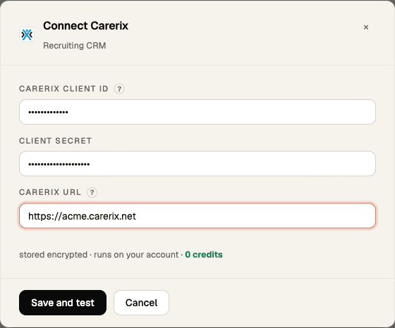 The Connect Carerix window in Hyreflow, with the Carerix Client ID, Client Secret and Carerix URL fields and the Save and test button